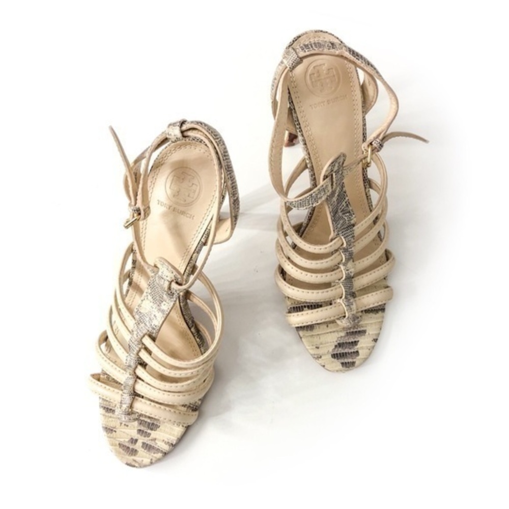 Tory Burch Beige Snake-Print Strappy Heels